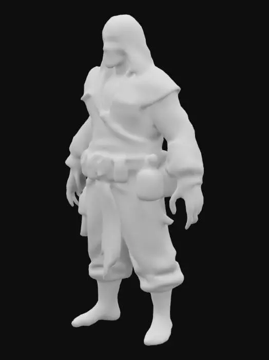 3D model for Highly detailed, full body of a skeletal pirate. The pirate is dressed in tattered, dark grey clothing with various leather straps and belts, adorned with pouches and small bottles. The figure's skeletal face is partially covered by a grey bandana, and it has a menacing expression with hollow eye sockets and a wide, toothy grin. The pirate is with hands free and open fingers, with a confident and aggressive stance and rugged appearance of the pirate.