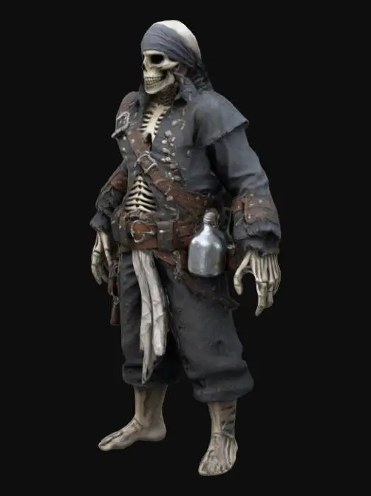 3D model for Highly detailed, full body of a skeletal pirate. The pirate is dressed in tattered, dark grey clothing with various leather straps and belts, adorned with pouches and small bottles. The figure's skeletal face is partially covered by a grey bandana, and it has a menacing expression with hollow eye sockets and a wide, toothy grin. The pirate is with hands free and open fingers, with a confident and aggressive stance and rugged appearance of the pirate.