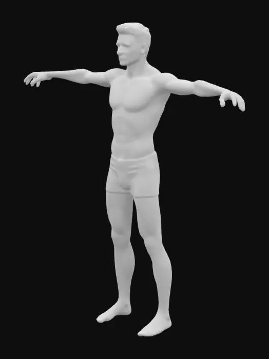 3D model for A 3D model of a slender and high male character of his 20-year-old, standing in a T-Pose. It has short blond hair, natural skin tone and subtle makeup. It does not wear a blouse and shows his strong body, defined he wears short white shorts and has strong and defined legs with realistic human anatomy. Includes PBR textures, detailed hair, realistic skin shadows and smooth lighting. Optimized for high quality 3D printing.