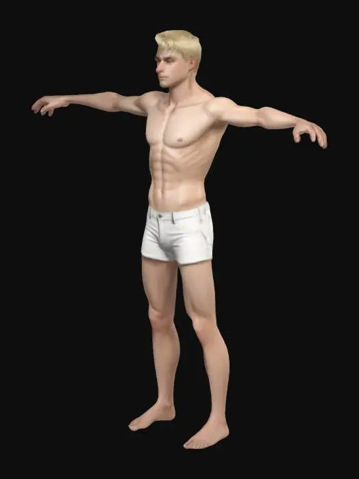 3D model for A 3D model of a slender and high male character of his 20-year-old, standing in a T-Pose. It has short blond hair, natural skin tone and subtle makeup. It does not wear a blouse and shows his strong body, defined he wears short white shorts and has strong and defined legs with realistic human anatomy. Includes PBR textures, detailed hair, realistic skin shadows and smooth lighting. Optimized for high quality 3D printing.