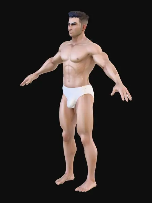 3D model for low poly, human main character,  fantasy, simple,  fit, muscular,no weapons, no armor just plain white underwear