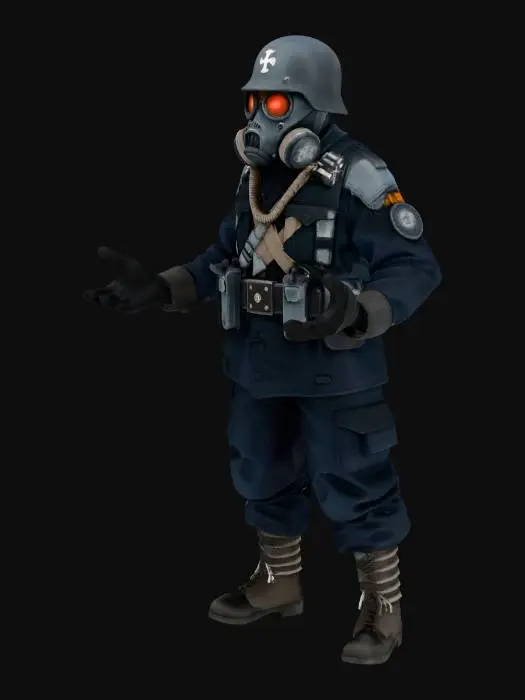 3D model for dieselpunk WW2 german infantry with gas mask, black uniform, red glowing eyes, armored, stahlhelm, large body, muscular, no weapons, no guns, no posing, no firearms.