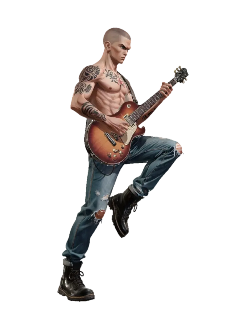 Tattooed Guitar Hero - Rockstar 3D model, vytvořený pomocí AI