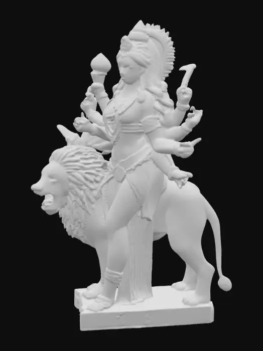 3D model for A lifelike full-body 3D model of the Indian Goddess Durga standing beside her lion. Inspired by the skeletal, bony aesthetic of the 64 Yogini statues, carved from polished white marble. Highly detailed facial features with a stern, divine expression, multiple arms in traditional poses, and intricate jewelry and drapery carved into the stone. Realistic marble surface with subtle cracks, erosion, and fine chisel marks for authenticity. Classical temple sculpture style, symmetrical proportions, photorealistic, museum-quality, optimized for 3D printing and rendering
