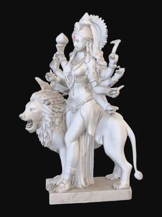 3D model for A lifelike full-body 3D model of the Indian Goddess Durga standing beside her lion. Inspired by the skeletal, bony aesthetic of the 64 Yogini statues, carved from polished white marble. Highly detailed facial features with a stern, divine expression, multiple arms in traditional poses, and intricate jewelry and drapery carved into the stone. Realistic marble surface with subtle cracks, erosion, and fine chisel marks for authenticity. Classical temple sculpture style, symmetrical proportions, photorealistic, museum-quality, optimized for 3D printing and rendering