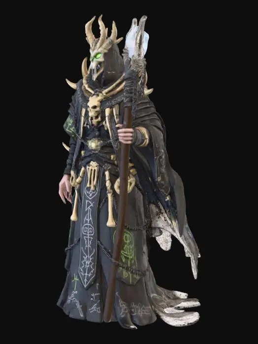3D model for Create a highly detailed fantasy necromancer character. Design a tall, gaunt figure clad in layered obsidian-black garments reinforced with ritual talismans, bone shards, and chains. The robes should have complex embroidered sigils and faint eerie glows. Add a crown or mask shaped from twisted metal and bone. The character wields an ancient staff wrapped in sinew with a floating soul crystal. Surround them with drifting spectral mist, faint undead silhouettes, and swirling necrotic particles. Style dark, arcane, atmospheric; next-gen, HDR realism.
