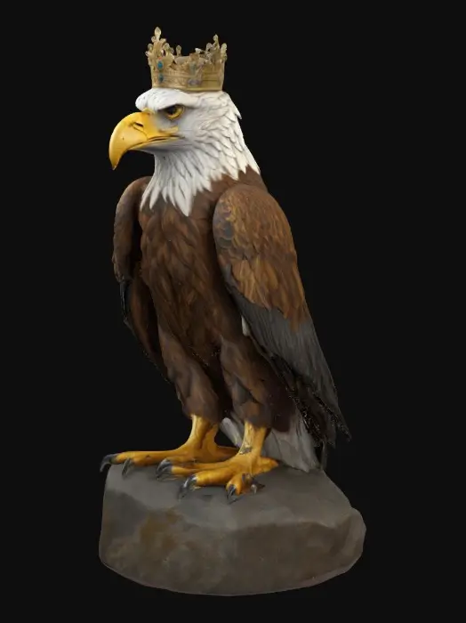 3D model for A hyperrealistic full body majestic eagle or hawk wearing an ornate golden royal king crown, with highly detailed feathers, sharp piercing eyes, powerful beak, strong talons, lifelike textures, photorealistic style, cinematic dramatic lighting, 8k texture quality, realistic proportions, standing proudly on a rock or tree branch, front facing, ultra detailed 3D model, high resolution, natural pose, regal and powerful look. Do not create a logo style or mascot head only, create the entire body in a realistic natural environment.
