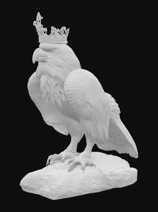 3D model for A hyperrealistic full body majestic eagle or hawk wearing an ornate golden royal king crown, with highly detailed feathers, sharp piercing eyes, powerful beak, strong talons, lifelike textures, photorealistic style, cinematic dramatic lighting, 8k texture quality, realistic proportions, standing proudly on a rock or tree branch, front facing, ultra detailed 3D model, high resolution, natural pose, regal and powerful look. Do not create a logo style or mascot head only, create the entire body in a realistic natural environment.
