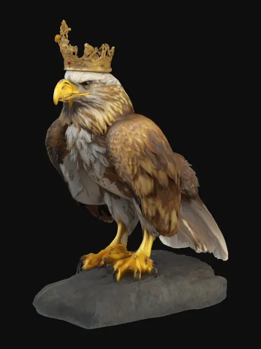 3D model for A hyperrealistic full body majestic eagle or hawk wearing an ornate golden royal king crown, with highly detailed feathers, sharp piercing eyes, powerful beak, strong talons, lifelike textures, photorealistic style, cinematic dramatic lighting, 8k texture quality, realistic proportions, standing proudly on a rock or tree branch, front facing, ultra detailed 3D model, high resolution, natural pose, regal and powerful look. Do not create a logo style or mascot head only, create the entire body in a realistic natural environment.
