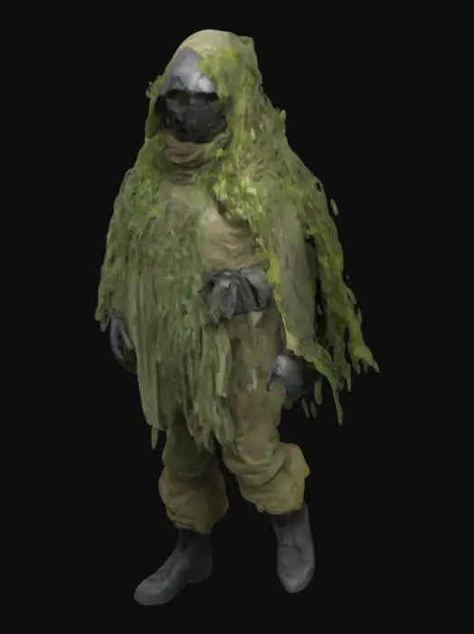 3D model for helldivers 2 ghillie suit with foilage cloak and hood made of moss and twigs, with army green militart clothes and a helldivers signature helmet