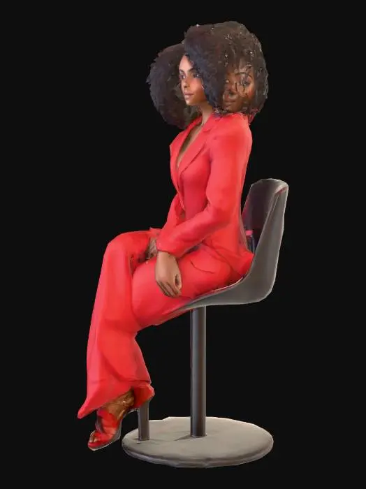 3D model for A 3D realistic model of a Black woman with voluminous curly hair, sitting relaxed on a modern salon chair. She is wearing stylish casual clothes in shades of red, such as a fitted blouse and comfortable pants. Natural skin texture, realistic body proportions, and soft facial expression. Neutral background, no extra objects, full body view, realistic lighting.