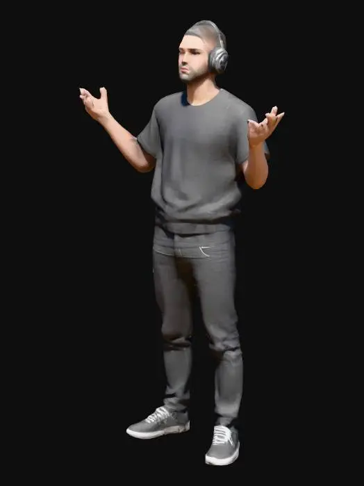 3D model for A full-body 3D model of a male DJ standing upright, facing forward, in a neutral pose. He is wearing all black: a plain black T-shirt, slim-fit black jeans, and black sneakers. He has over-ear headphones on his head. His hands are raised in front of him as if adjusting invisible DJ turntables, but no equipment should be present. Light skin, short dark brown hair, trimmed beard. The expression is focused, with slightly closed eyes. The model should have a clean silhouette, suitable for cutout or cardboard figure use
