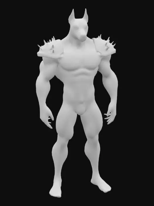 3D model for Highly Detailed, A anthropomorphic dobberman football player with spikes on his shoulder pads he isn't wearing a helmet he has the head of a dobberman and body is a mix of human and dog , World of Warcraft, blood bowl like
