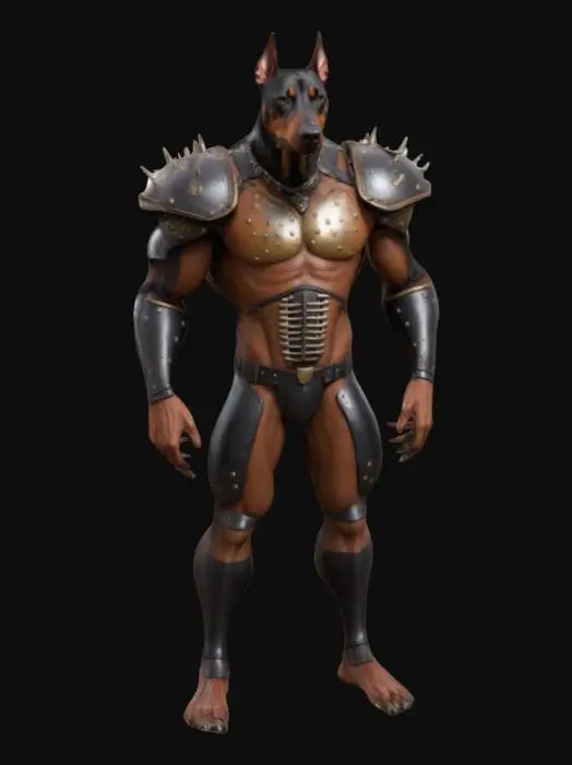 3D model for Highly Detailed, A anthropomorphic dobberman football player with spikes on his shoulder pads he isn't wearing a helmet he has the head of a dobberman and body is a mix of human and dog , World of Warcraft, blood bowl like