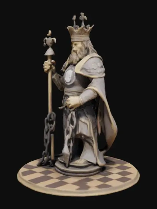 3D model for please create a theam chess pieces only the King that can be made on a 3d printer based on the bible scripture revalations 20:1. all pieces look masculine.