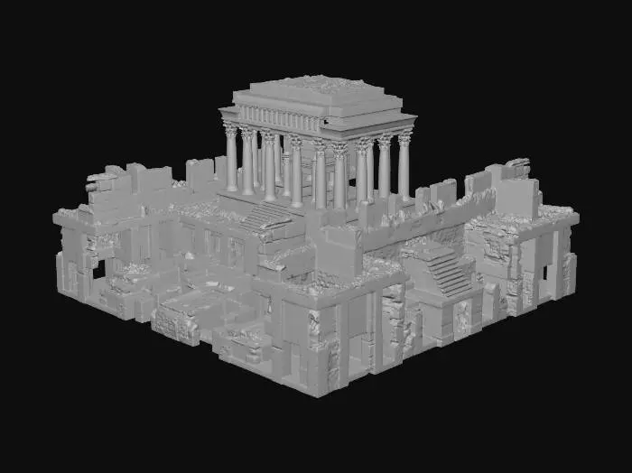 3D model for A very large ancient temple constructed from large sandstone blocks, eroded and fractured by time, containing numerous rooms connected by tunnels 1 meter wide and 2 meters high. The rooms must form a labyrinth, so some must be dead ends, and only one path must lead to a larger room located at the center of the temple. The temple must be above ground and cannot have any underground chambers or passages. Don't generate extra models on the walls and floor like torches or pebbles or other objects as I will place them later, just generate the structure of the temple.
