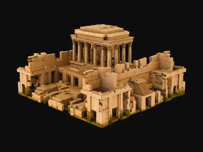 3D model for A very large ancient temple constructed from large sandstone blocks, eroded and fractured by time, containing numerous rooms connected by tunnels 1 meter wide and 2 meters high. The rooms must form a labyrinth, so some must be dead ends, and only one path must lead to a larger room located at the center of the temple. The temple must be above ground and cannot have any underground chambers or passages. Don't generate extra models on the walls and floor like torches or pebbles or other objects as I will place them later, just generate the structure of the temple.