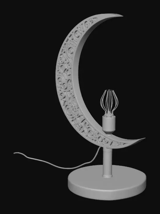 3D model for masa üstünde kullanılan, ay şekli ve desenli bir masa lambası oluşturmanı istiyorum. alt kısmında e14 duy takılabilecek bir yuvası olsun.