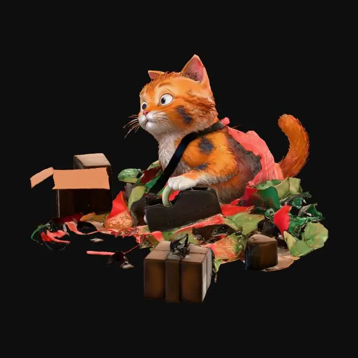 3D model for create a cartoon cat shaggy fur, ear tear, signs of being a stray cat, comic tangled in wrapping paper and boxes / christmas season background, in cute but funny positioning. include variations of image if possible