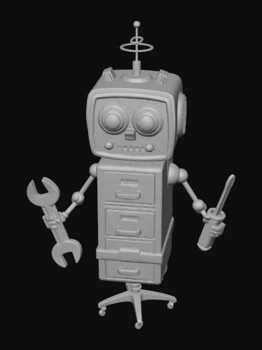 3D model for robot engineer/radio-shaped head/funny looking/big eyes/lazer eyes/cartoonish/tools instead of hands/