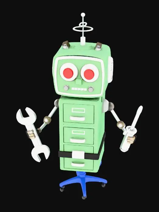 3D model for robot engineer/radio-shaped head/funny looking/big eyes/lazer eyes/cartoonish/tools instead of hands/