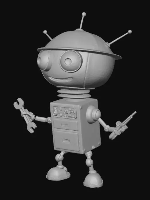 3D model for robot engineer/radio-shaped head/funny looking/big eyes/lazer eyes/cartoonish/tools instead of hands/
