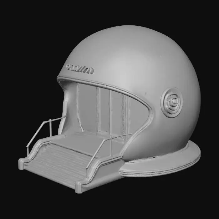 3D model for racing helmet-shaped building/with automated doors/neon sign that spells "GEAR"/staircase to access