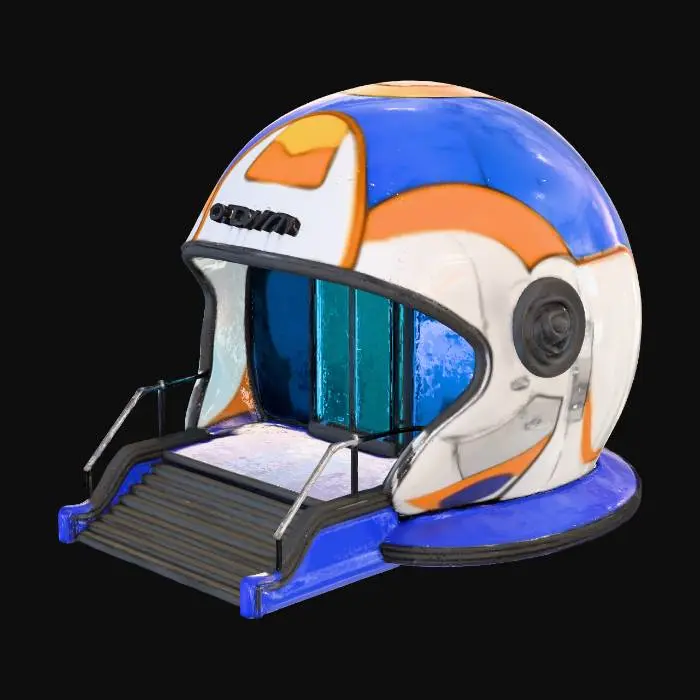 3D model for racing helmet-shaped building/with automated doors/neon sign that spells "GEAR"/staircase to access