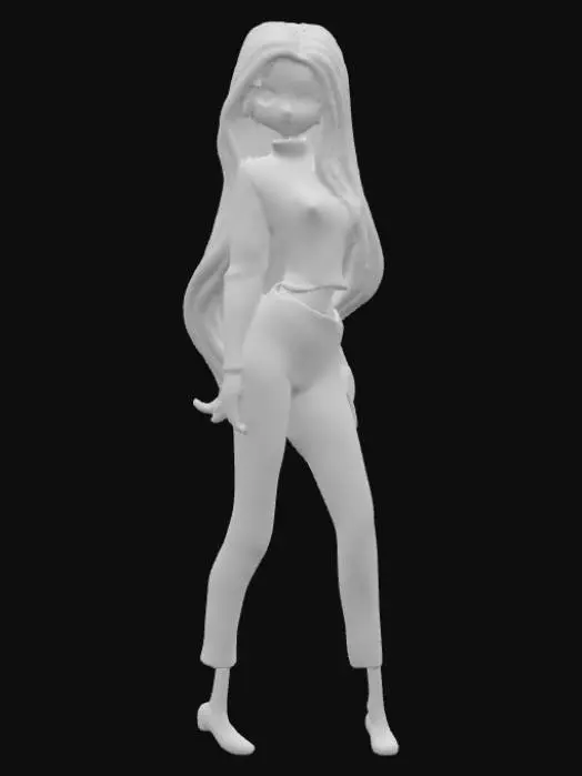 3D model for A young woman with a slender, athletic build. She has flowing, long green hair that cascades past her shoulders, complementing her striking blue eyes. Her attire consists of a soft, finely ribbed pink turtleneck sweater that fits snugly, paired with smooth, flexible yellow leggings. The fabrics appear comfortable and slightly stretchy, highlighting her figure. Her features are delicate and expressive, with a neutral, calm posture.