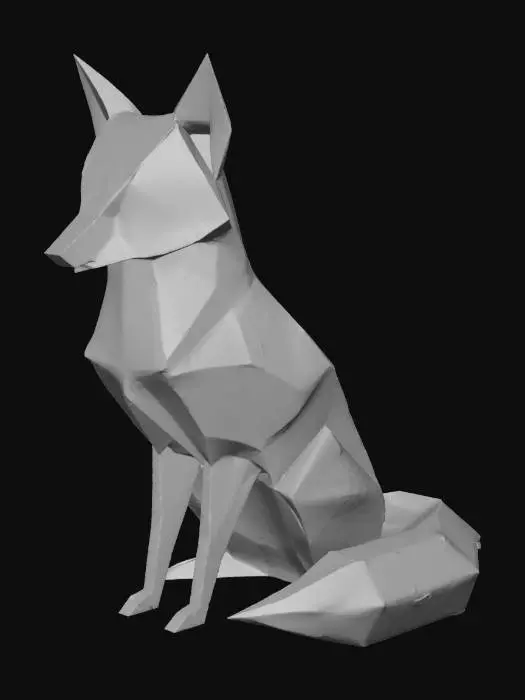 3D model for origami fox sitting on floor in simple light room