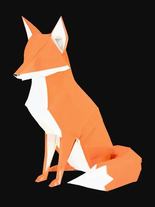 3D model for origami fox sitting on floor in simple light room