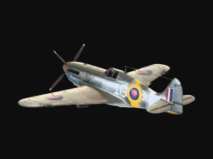 3D model for “Highly detailed WWII-era fighter aircraft, inspired by classic Spitfire/Mustang/Messerschmitt designs. Riveted metal body panels, weathered steel texture, faded military paint, realistic oil stains, propeller-driven engine, cockpit glass reflections, cloth-marked insignias, subtle battle damage scratches, soft sunlight, cinematic shadows, low-altitude flight over cloudy battlefield, historically accurate proportions, 3D hard-surface realism, 8K render, museum-grade authenticity, masterpiece.