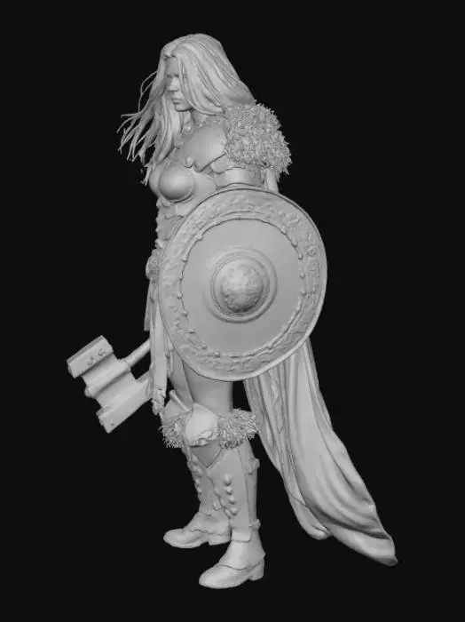 3D model for Full-body ultra-realistic female barbarian queen, massive muscular–athletic build, honey-blonde wild hair, intense brown eyes.
Wearing blood-forged heavy plate armor with hammered steel, fur-lined pauldrons, bone and claw ornaments.
Carrying a colossal warhammer carved with primal runes.
Standing on a battlefield covered in shattered shields, red dawn sky behind.
Sharp armor reflections, heavy metal textures, dust and blood particles, crisp full-body render