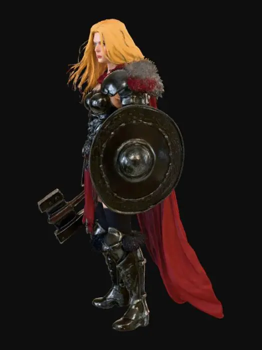 3D model for Full-body ultra-realistic female barbarian queen, massive muscular–athletic build, honey-blonde wild hair, intense brown eyes.
Wearing blood-forged heavy plate armor with hammered steel, fur-lined pauldrons, bone and claw ornaments.
Carrying a colossal warhammer carved with primal runes.
Standing on a battlefield covered in shattered shields, red dawn sky behind.
Sharp armor reflections, heavy metal textures, dust and blood particles, crisp full-body render