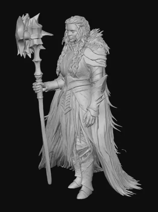 3D model for Ultra-detailed full-body female juggernaut, bulky but feminine, thick braided honey hair.
Wearing absurdly heavy glacial-iron armor, huge reinforced pauldrons, steel skirt plates, clawed boots.
Carrying an ice-crystal warhammer emitting cold mist.
Standing on an icy plateau with an avalanche behind her.
Sharp ice reflections, heavy armor shading, frost particles, cinematic blue-white tones