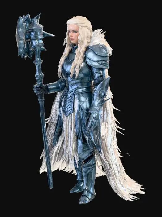 3D model for Ultra-detailed full-body female juggernaut, bulky but feminine, thick braided honey hair.
Wearing absurdly heavy glacial-iron armor, huge reinforced pauldrons, steel skirt plates, clawed boots.
Carrying an ice-crystal warhammer emitting cold mist.
Standing on an icy plateau with an avalanche behind her.
Sharp ice reflections, heavy armor shading, frost particles, cinematic blue-white tones