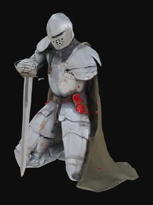 3D model for A knight kneeling down with both his hand on a sword at the handle while on a field full of poppy’s and grass as he is disintegrating from existence