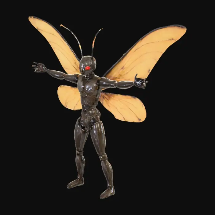 3D model for Whisper the Moth, an unsettling animatronic creature, dominates the scene with its eerie, moth-inspired design, standing in a decaying, dimly lit environment. The moth's mechanical body, worn wings, and glowing eyes pierce through the darkness, creating an atmosphere of dread with sharp contrasts and textured, rough brushwork.