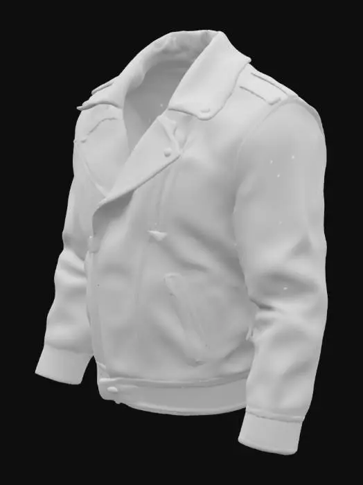 3D model for Veste en cuir noire, base #0b0b0b avec grain fin irrégulier, variation subtile vers #1c1c22. Effet satiné modéré, surface semi-brillante. Coutures doubles visibles, fil gris très foncé (#2a2a2a), placées aux épaules, manches, flancs, poches, poignets et col. Zones d’usure : épaules, coudes, poignets, bords du col, bas du dos. Usure légère : éclaircissement vers #2f2f2f, brillance accrue, micro-rayures. Fermeture éclair centrale, métal foncé, relief de 0.05 mm. Col type bomber ou rabattu. Manches légèrement plissées au coude. Normal map pour grain et coutures, roughness dynamique (0.3 usé à 0.6 intact), specular local (0.2 à 0.5). Adaptée à un look réaliste ou stylisé usé, optimisée pour UV propre.