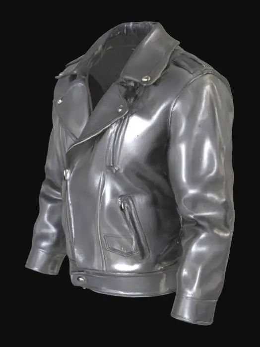 3D model for Veste en cuir noire, base #0b0b0b avec grain fin irrégulier, variation subtile vers #1c1c22. Effet satiné modéré, surface semi-brillante. Coutures doubles visibles, fil gris très foncé (#2a2a2a), placées aux épaules, manches, flancs, poches, poignets et col. Zones d’usure : épaules, coudes, poignets, bords du col, bas du dos. Usure légère : éclaircissement vers #2f2f2f, brillance accrue, micro-rayures. Fermeture éclair centrale, métal foncé, relief de 0.05 mm. Col type bomber ou rabattu. Manches légèrement plissées au coude. Normal map pour grain et coutures, roughness dynamique (0.3 usé à 0.6 intact), specular local (0.2 à 0.5). Adaptée à un look réaliste ou stylisé usé, optimisée pour UV propre.