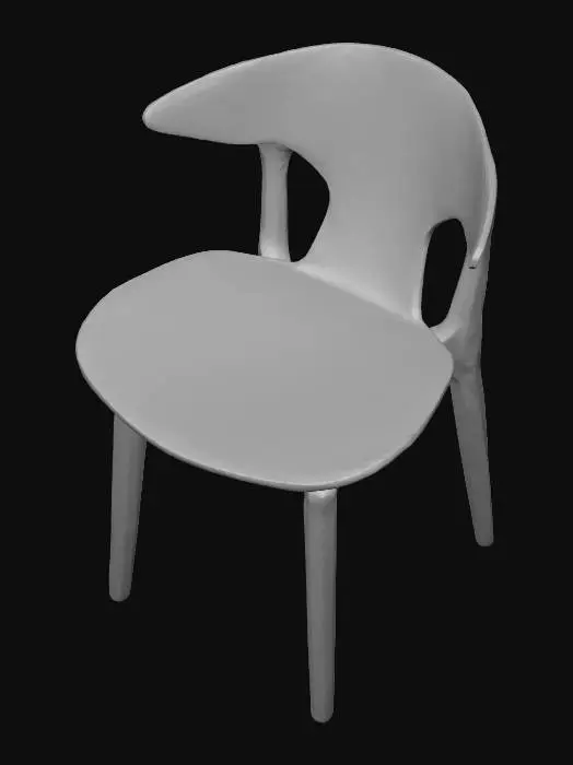 3D model for 등받이가 있는 모던한 식당용 의자입니다. 팔걸이는 없으며, 미니멀하고 매끄러운 디자인이 특징입니다. 밝은 오크 계열의 목재로 제작되어 따뜻하고 자연스러운 색감을 띠며, 섬세한 나뭇결이 돋보입니다. 표면은 부드럽게 연마되어 매끈한 촉감을 제공하고, 견고한 구조는 안정감을 줍니다.