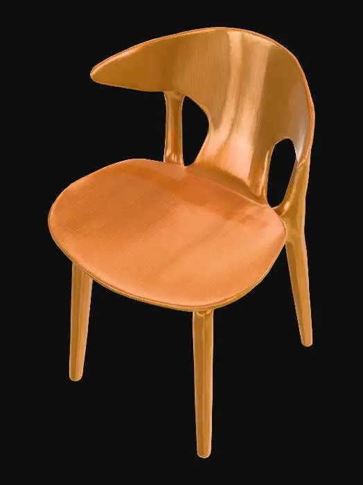 3D model for 등받이가 있는 모던한 식당용 의자입니다. 팔걸이는 없으며, 미니멀하고 매끄러운 디자인이 특징입니다. 밝은 오크 계열의 목재로 제작되어 따뜻하고 자연스러운 색감을 띠며, 섬세한 나뭇결이 돋보입니다. 표면은 부드럽게 연마되어 매끈한 촉감을 제공하고, 견고한 구조는 안정감을 줍니다.