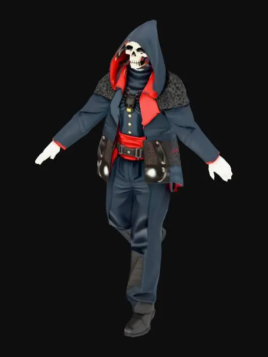 3D model for セル画風トゥーン/アニメ調のオリジナル男性アサシン。細身で俊敏。深いフードを被り上半分は影。目元は黒いバンダナで完全に覆い目は見せない。口〜顎は下顎ドクロのハーフマスク(骨質・マット・擦れ少々)をベルトで固定。全身は黒+深紅の暗い配色、ロングコート(流れる布なし)、ハイカラー、前腕ブレーサー、小型ショルダーガード、指なし手袋、強化ブーツ。ベルト/ポーチは少数で整理。腰にシンプル短剣2本(鞘)。フルボディ中央、単体、Aポーズ、背景なし、クリーントポロジー、トゥーン向けフラット色+くっきり影、テクスチャノイズ少なめ。