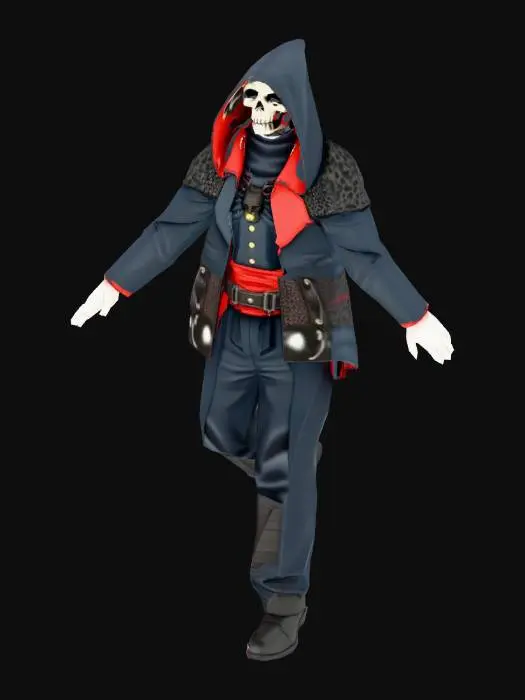 3D model for セル画風トゥーン/アニメ調のオリジナル男性アサシン。細身で俊敏。深いフードを被り上半分は影。目元は黒いバンダナで完全に覆い目は見せない。口〜顎は下顎ドクロのハーフマスク(骨質・マット・擦れ少々)をベルトで固定。全身は黒+深紅の暗い配色、ロングコート(流れる布なし)、ハイカラー、前腕ブレーサー、小型ショルダーガード、指なし手袋、強化ブーツ。ベルト/ポーチは少数で整理。腰にシンプル短剣2本(鞘)。フルボディ中央、単体、Aポーズ、背景なし、クリーントポロジー、トゥーン向けフラット色+くっきり影、テクスチャノイズ少なめ。