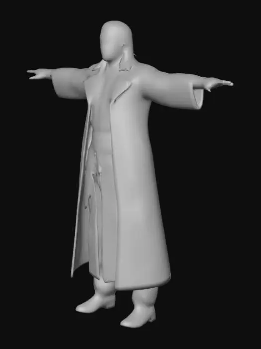 3D model for Young middle-eastern warrior man in his 20s, wearing traditional black clothing with a flowing deep red overcoat, slim build, short dark beard, sharp jawline, desert traveler boots, light armor belt, serious expression, no weapons, make it realistic pls keep face a bit realistic and make a solid model , pls dont skip the lrg structure if it hides under the coat and make the model t pose


