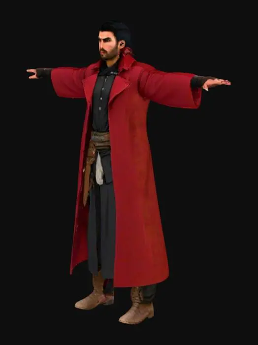 3D model for Young middle-eastern warrior man in his 20s, wearing traditional black clothing with a flowing deep red overcoat, slim build, short dark beard, sharp jawline, desert traveler boots, light armor belt, serious expression, no weapons, make it realistic pls keep face a bit realistic and make a solid model , pls dont skip the lrg structure if it hides under the coat and make the model t pose



