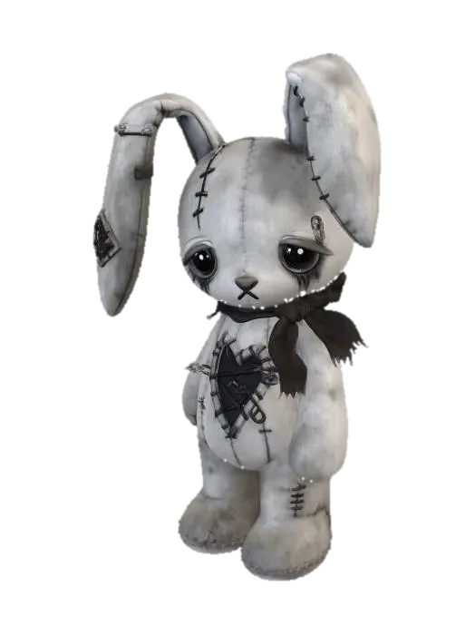 A cute melancholic emo plush rabbit with its chest, soft worn fabric, visible seams, tiny safety pins,… - Doll 的 AI 生成 3D 模型