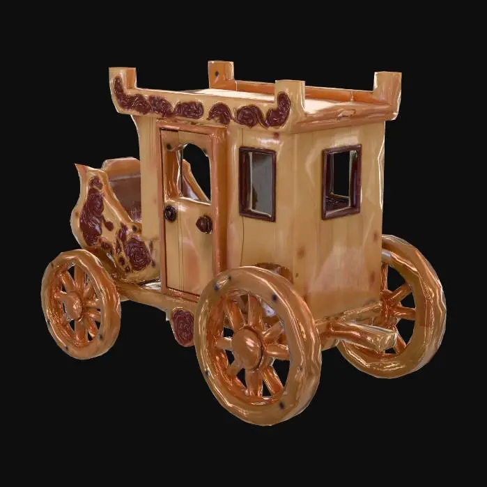 3D model for A simple oak wood horse carriage design for use in a mod of the game vintage story. texture should use voxels somewhat like minecraft
