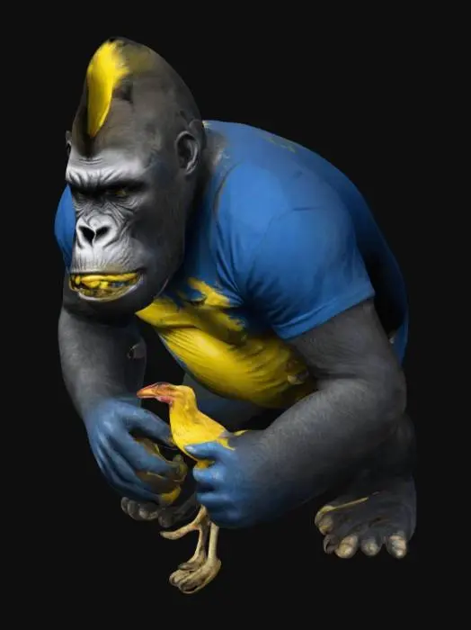 3D model for Create an agressive looking gorilla with a blue and yellow football tshirt and a dead chicken at his hand
