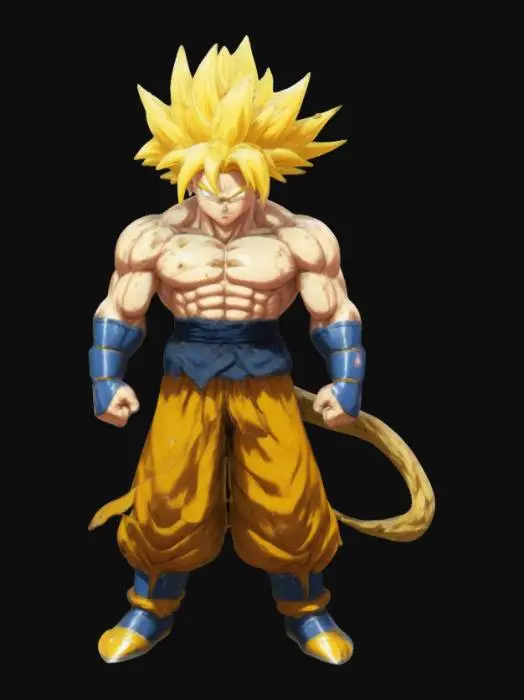 3D model for Super Saiya-Jin, guerrero legendario, grandes voluminosos musculos, ropa rasgada por los musculos, pelo crespado por el poder, energía super fuerte, super guerrero galáctico, rasgos anime, cara bien marcada, cuerpo bien marcado, A pose, expresion de batalla, pelo voluminoso y parado. , #ChronoForgeWeapon#